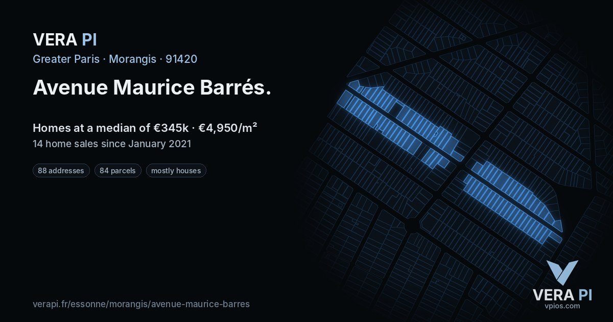 Avenue Maurice Barrés, Morangis at night – every parcel coloured by the prices around it, the street's own parcels lit