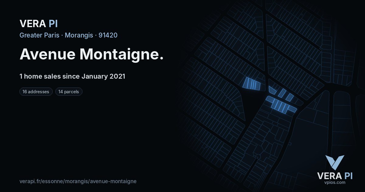 Avenue Montaigne, Morangis at night – every parcel coloured by the prices around it, the street's own parcels lit