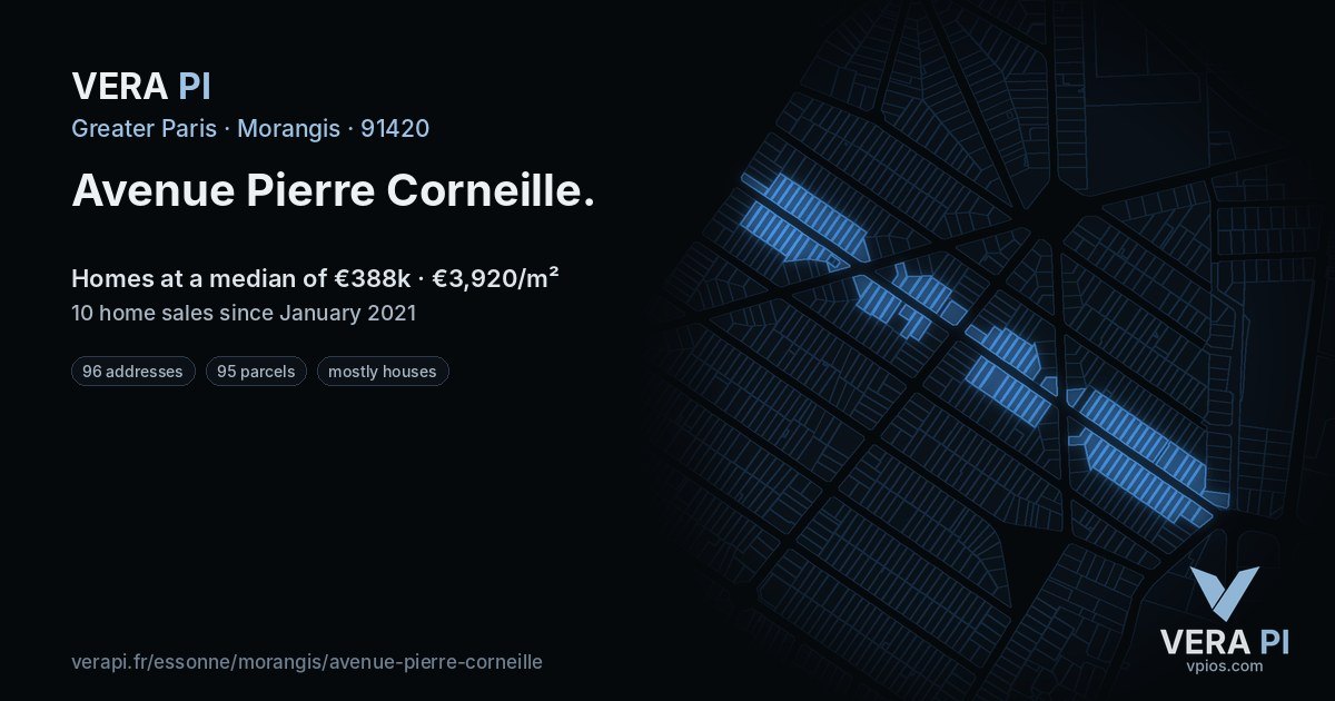 Avenue Pierre Corneille, Morangis at night – every parcel coloured by the prices around it, the street's own parcels lit