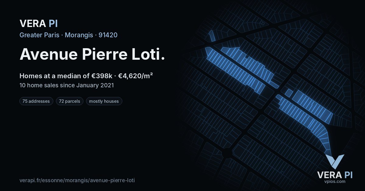 Avenue Pierre Loti, Morangis at night – every parcel coloured by the prices around it, the street's own parcels lit