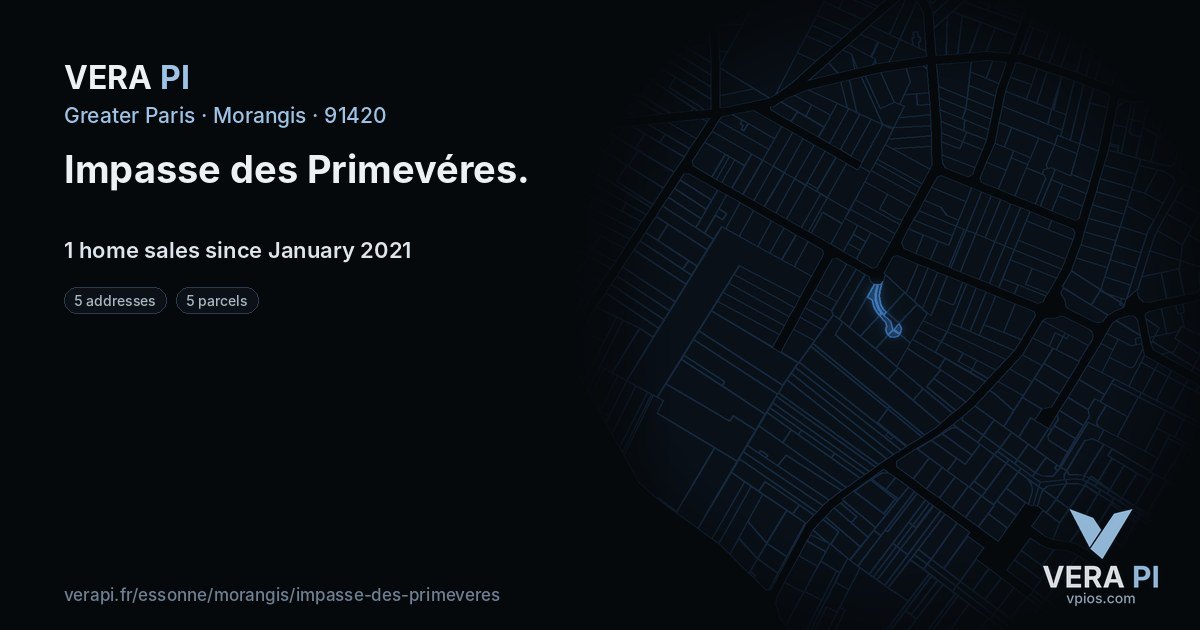 Impasse des Primevéres, Morangis at night – every parcel coloured by the prices around it, the street's own parcels lit