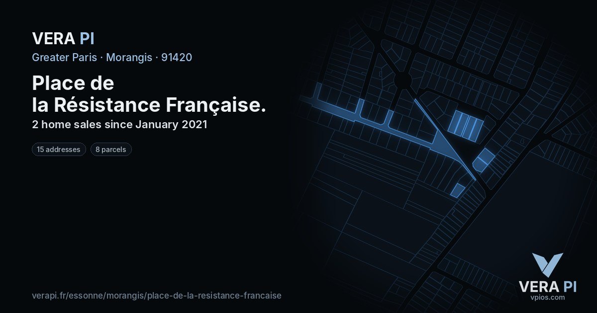 Place de la Résistance Française, Morangis at night – every parcel coloured by the prices around it, the street's own parcels lit
