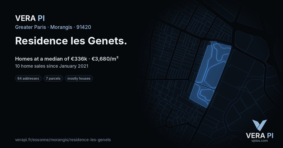 Residence les Genets, Morangis at night – every parcel coloured by the prices around it, the street's own parcels lit