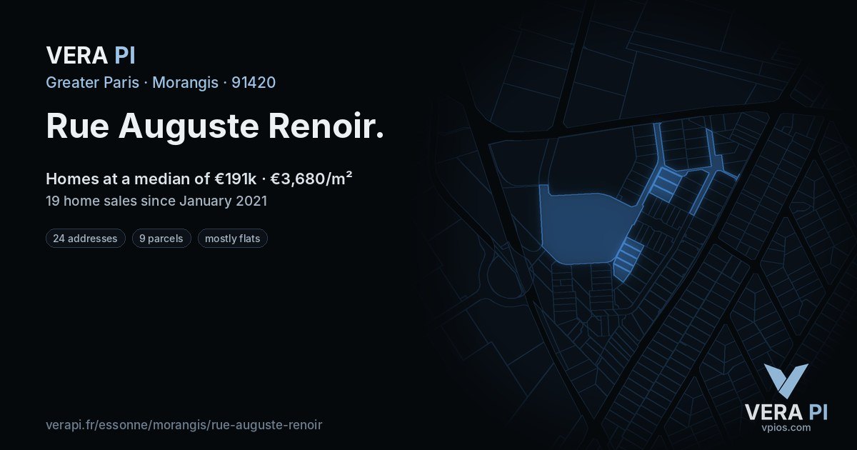 Rue Auguste Renoir, Morangis at night – every parcel coloured by the prices around it, the street's own parcels lit