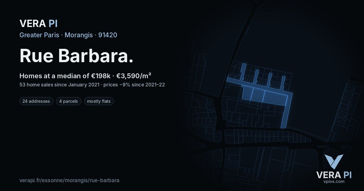Rue Barbara, Morangis at night – every parcel coloured by the prices around it, the street's own parcels lit