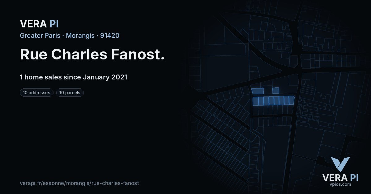 Rue Charles Fanost, Morangis at night – every parcel coloured by the prices around it, the street's own parcels lit