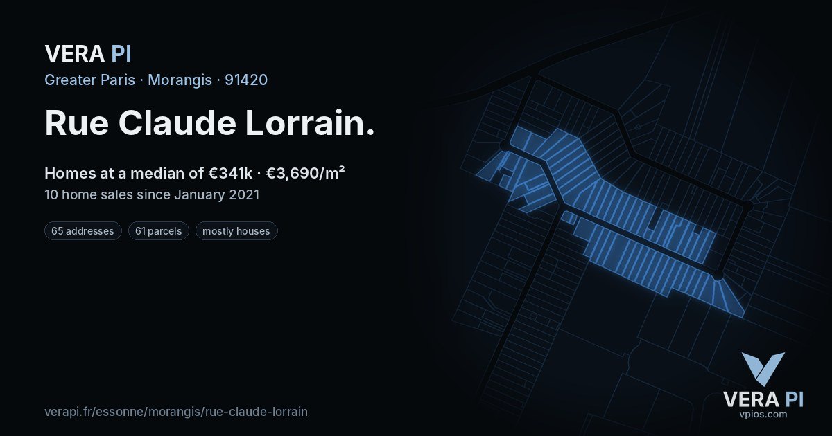 Rue Claude Lorrain, Morangis at night – every parcel coloured by the prices around it, the street's own parcels lit