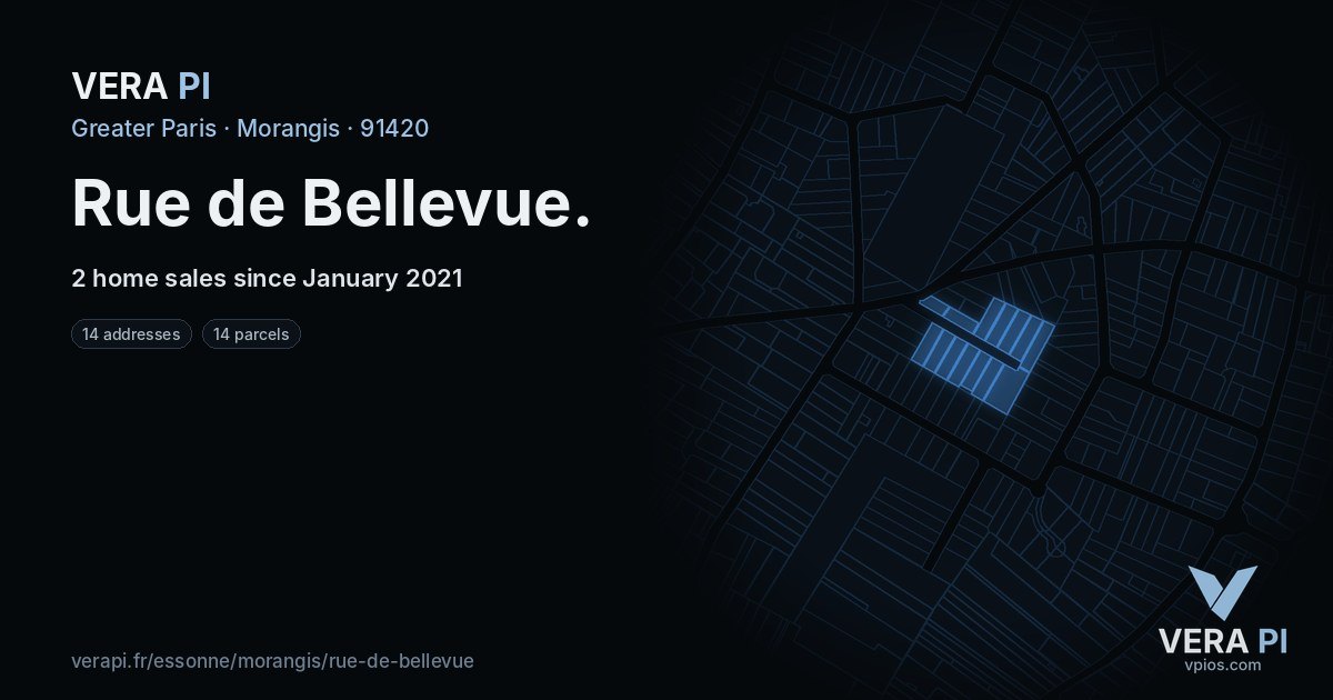 Rue de Bellevue, Morangis at night – every parcel coloured by the prices around it, the street's own parcels lit