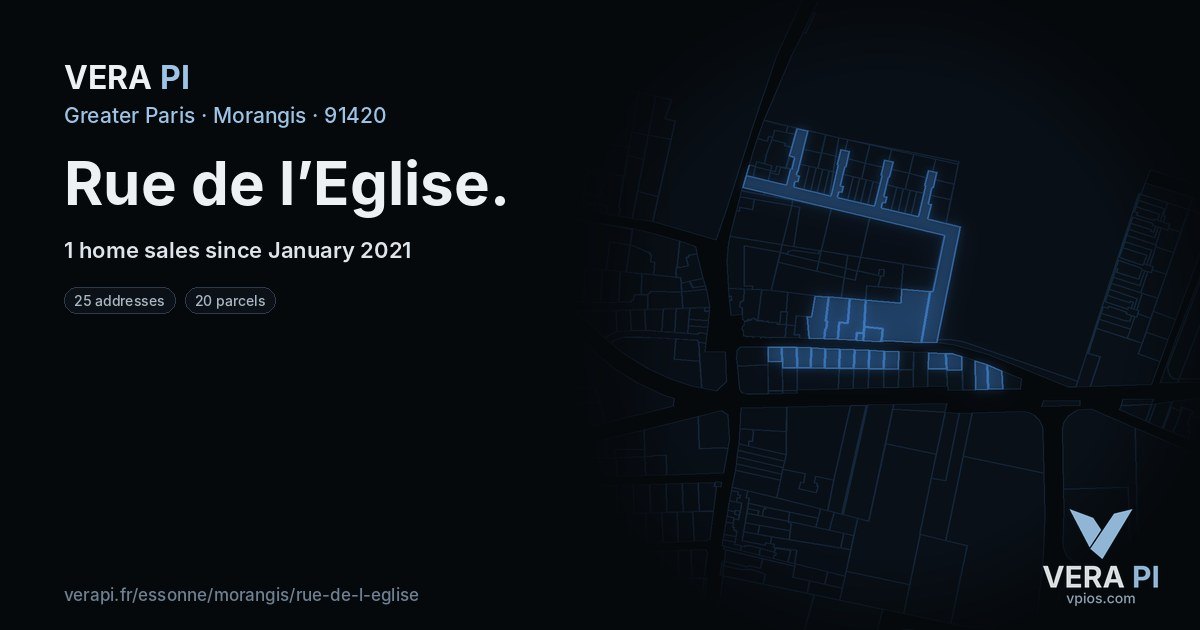 Rue de l’Eglise, Morangis at night – every parcel coloured by the prices around it, the street's own parcels lit