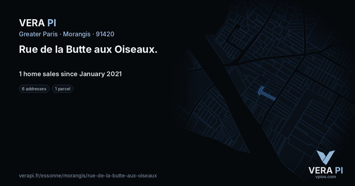 Rue de la Butte aux Oiseaux, Morangis at night – every parcel coloured by the prices around it, the street's own parcels lit