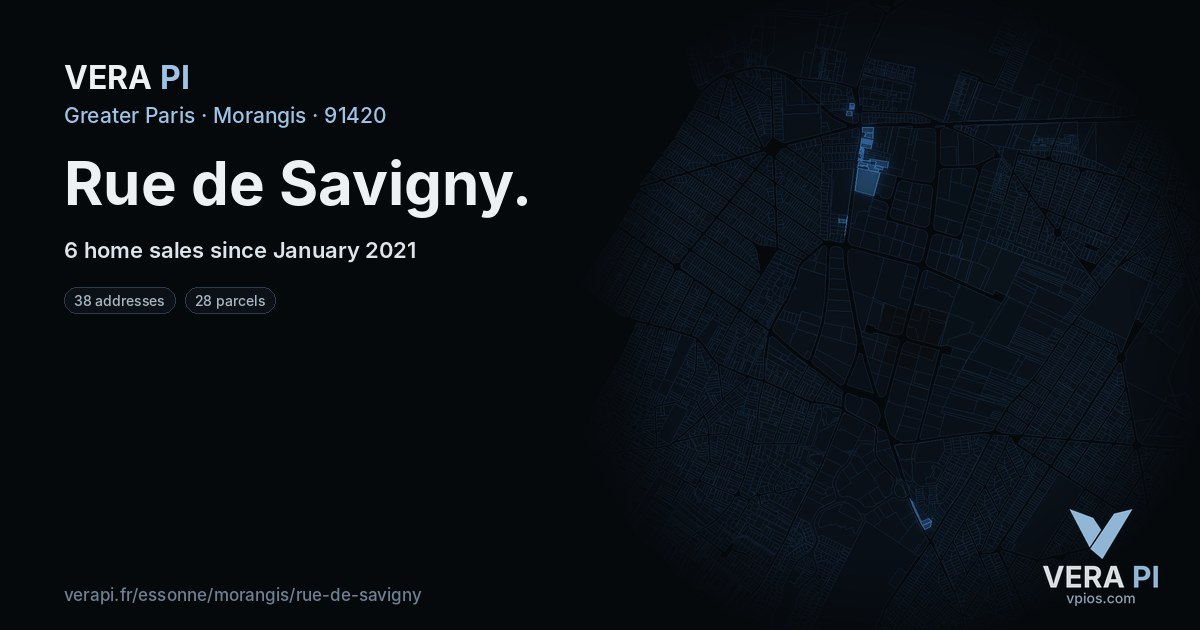Rue de Savigny, Morangis at night – every parcel coloured by the prices around it, the street's own parcels lit