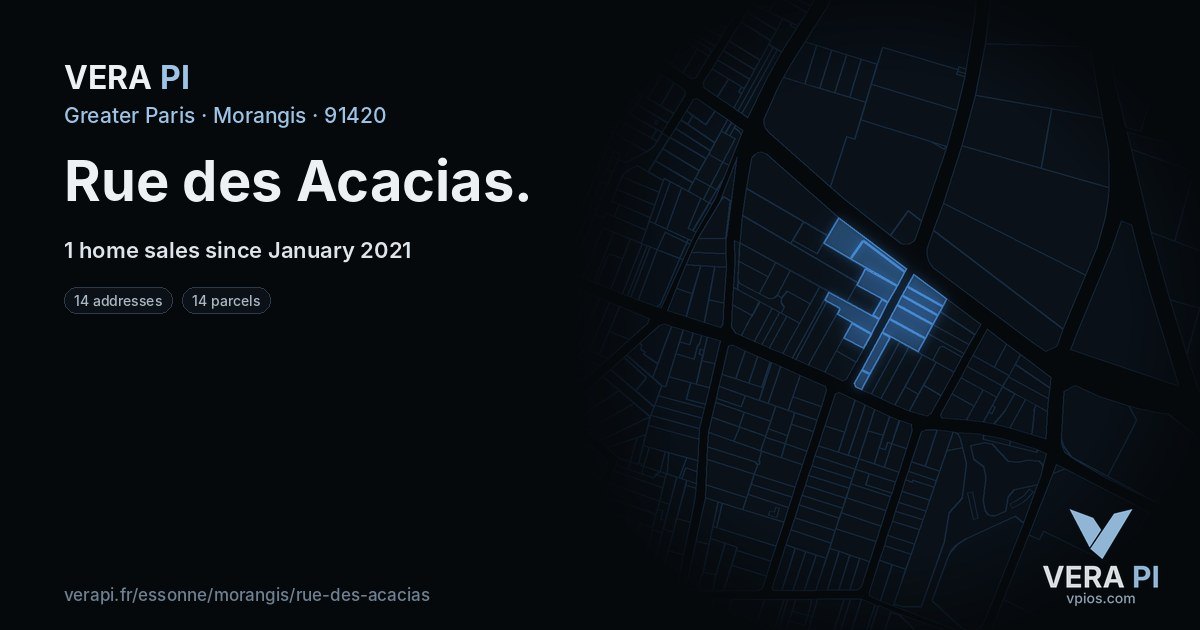 Rue des Acacias, Morangis at night – every parcel coloured by the prices around it, the street's own parcels lit
