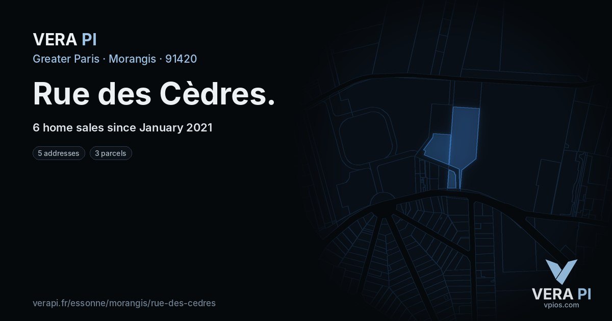 Rue des Cèdres, Morangis at night – every parcel coloured by the prices around it, the street's own parcels lit