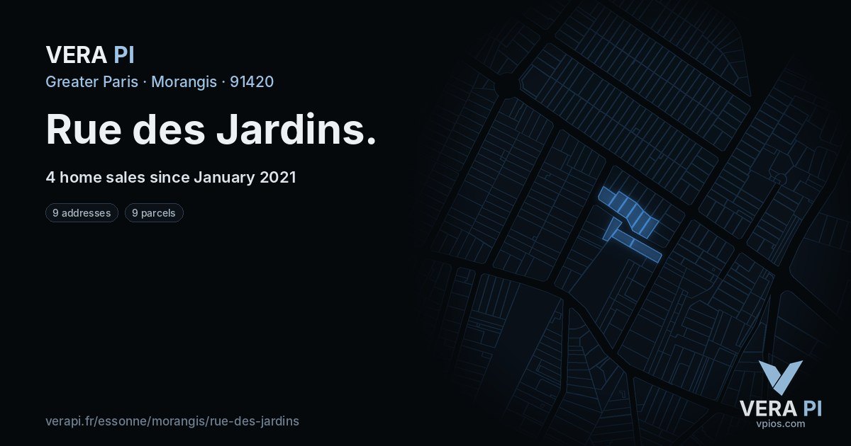 Rue des Jardins, Morangis at night – every parcel coloured by the prices around it, the street's own parcels lit