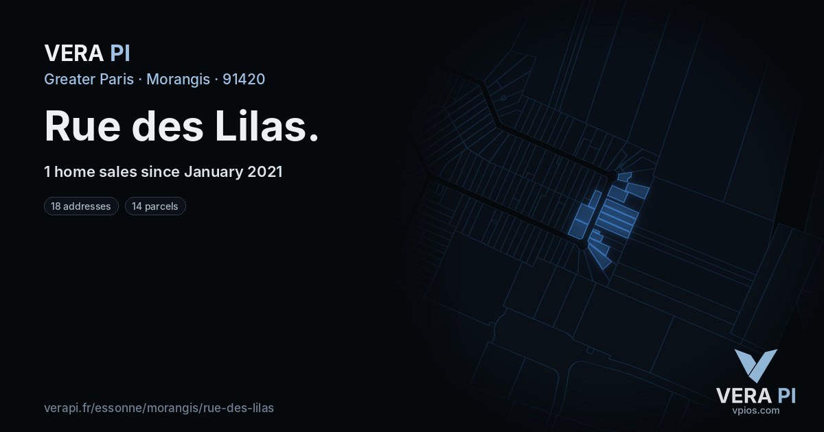 Rue des Lilas, Morangis at night – every parcel coloured by the prices around it, the street's own parcels lit