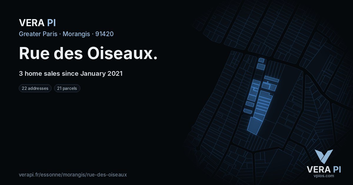 Rue des Oiseaux, Morangis at night – every parcel coloured by the prices around it, the street's own parcels lit