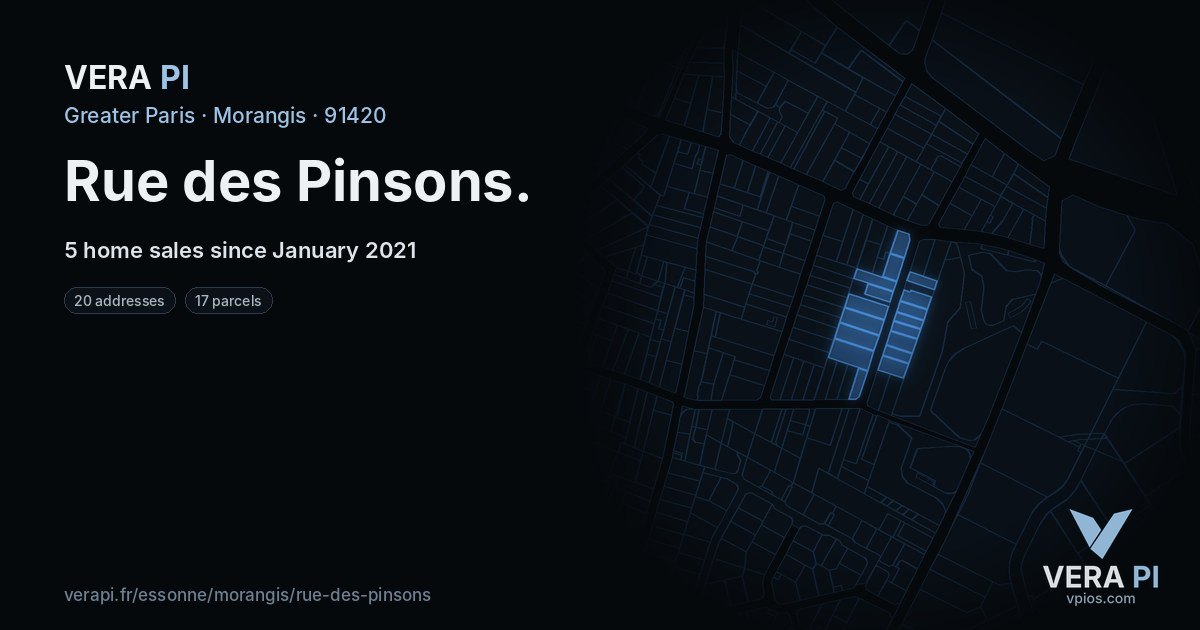 Rue des Pinsons, Morangis at night – every parcel coloured by the prices around it, the street's own parcels lit