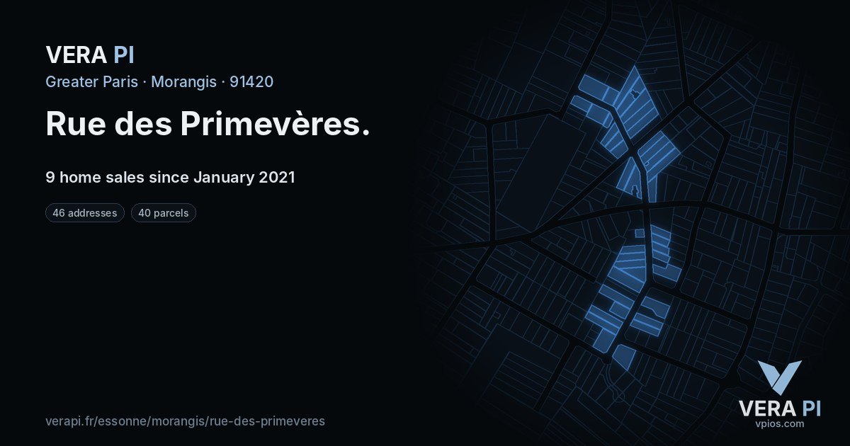 Rue des Primevères, Morangis at night – every parcel coloured by the prices around it, the street's own parcels lit