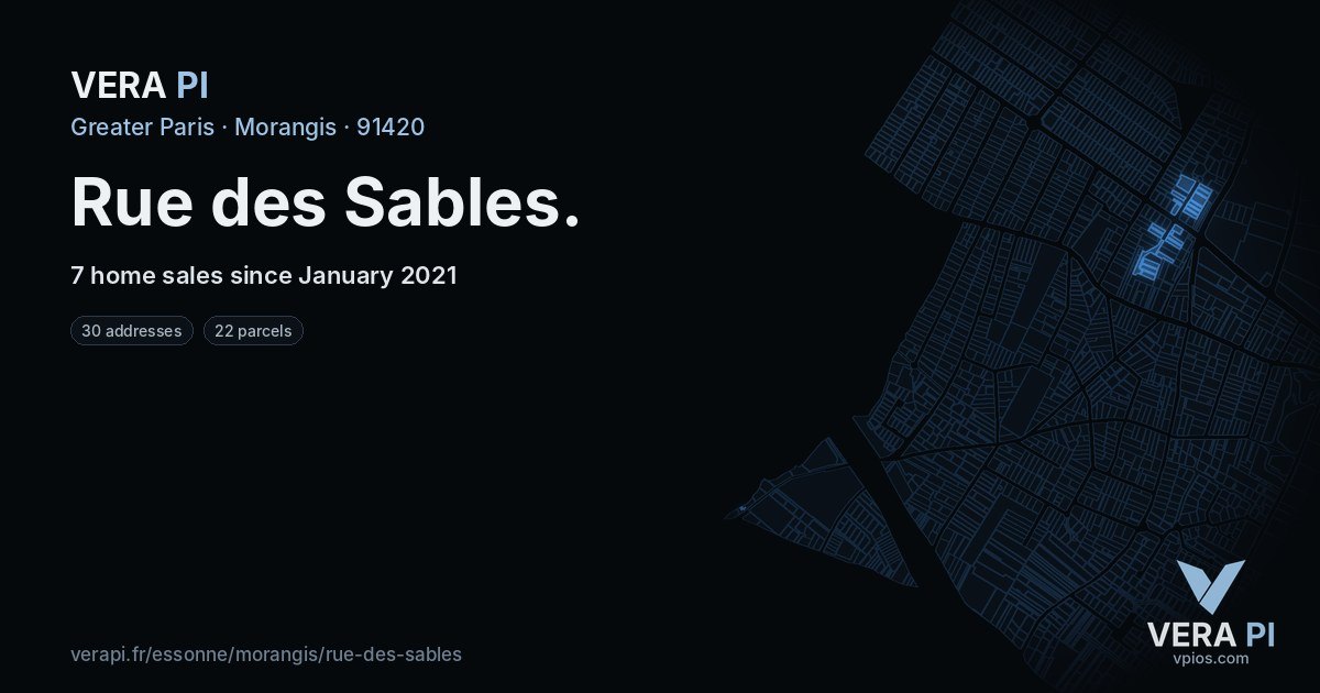 Rue des Sables, Morangis at night – every parcel coloured by the prices around it, the street's own parcels lit