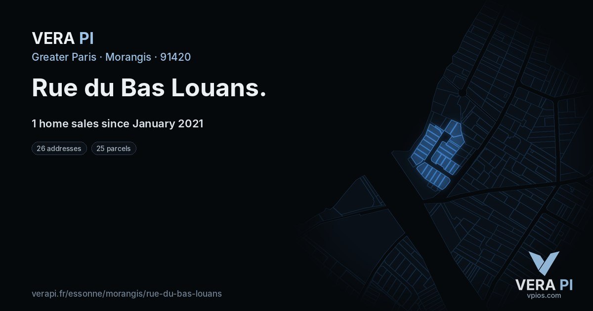 Rue du Bas Louans, Morangis at night – every parcel coloured by the prices around it, the street's own parcels lit