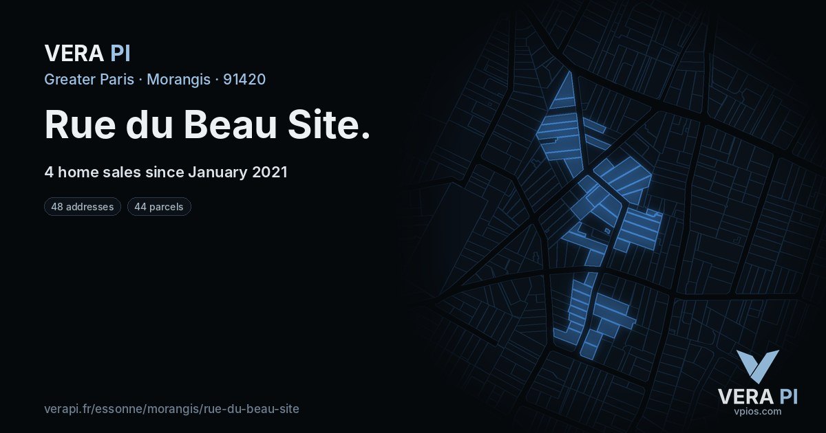 Rue du Beau Site, Morangis at night – every parcel coloured by the prices around it, the street's own parcels lit
