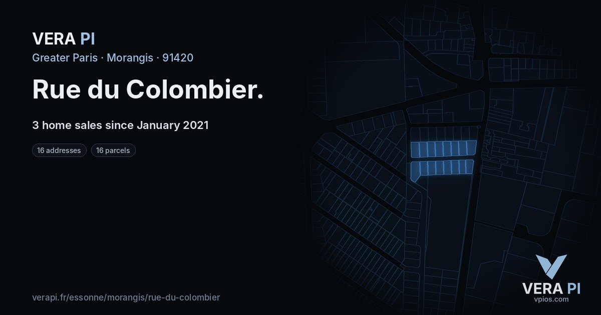 Rue du Colombier, Morangis at night – every parcel coloured by the prices around it, the street's own parcels lit