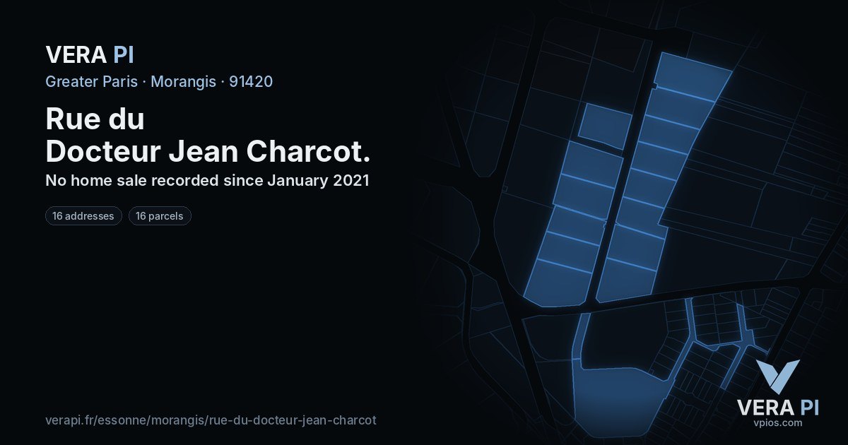 Rue du Docteur Jean Charcot, Morangis at night – every parcel coloured by the prices around it, the street's own parcels lit