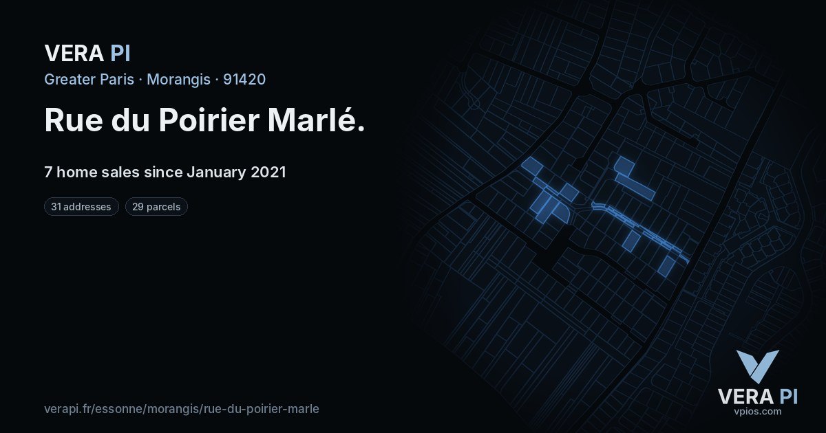 Rue du Poirier Marlé, Morangis at night – every parcel coloured by the prices around it, the street's own parcels lit