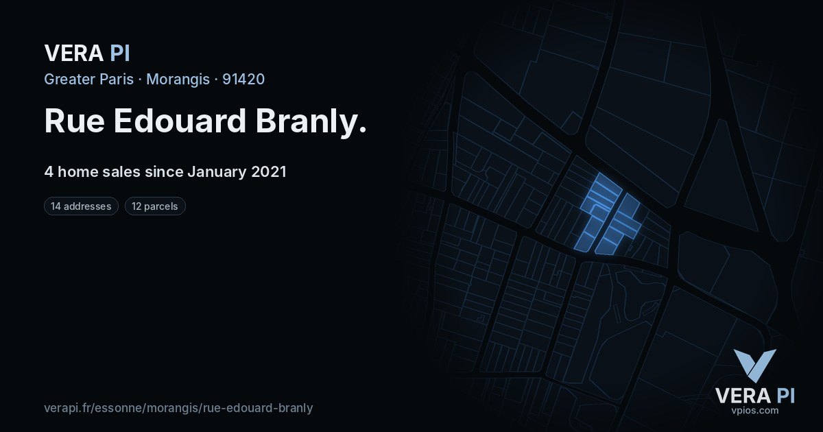 Rue Edouard Branly, Morangis at night – every parcel coloured by the prices around it, the street's own parcels lit