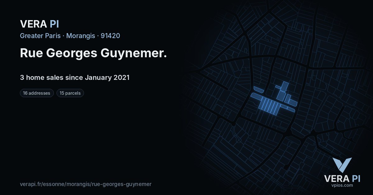 Rue Georges Guynemer, Morangis at night – every parcel coloured by the prices around it, the street's own parcels lit
