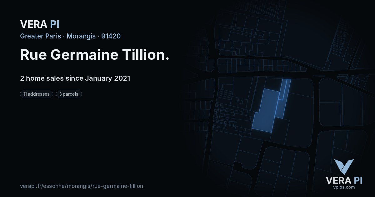 Rue Germaine Tillion, Morangis at night – every parcel coloured by the prices around it, the street's own parcels lit