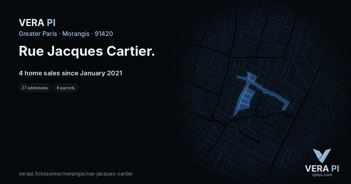 Rue Jacques Cartier, Morangis at night – every parcel coloured by the prices around it, the street's own parcels lit