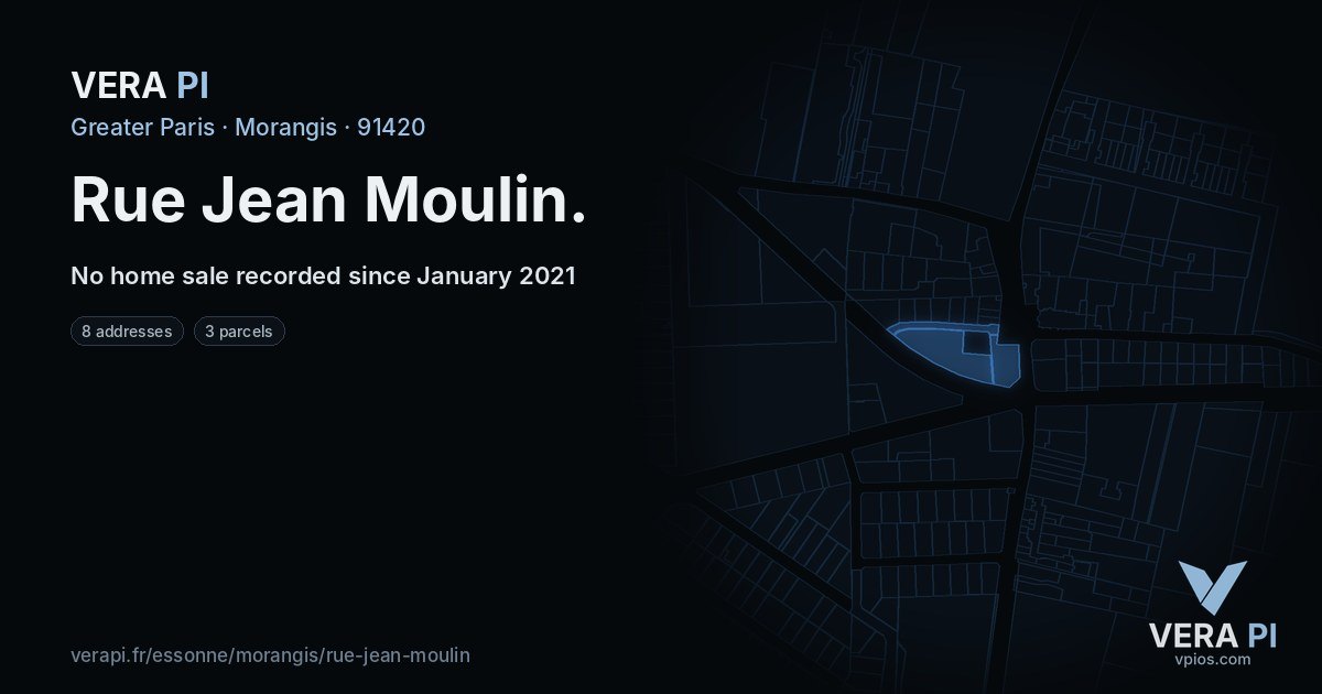 Rue Jean Moulin, Morangis at night – every parcel coloured by the prices around it, the street's own parcels lit
