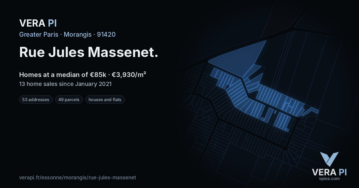 Rue Jules Massenet, Morangis at night – every parcel coloured by the prices around it, the street's own parcels lit