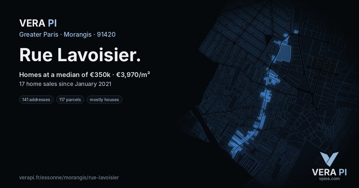 Rue Lavoisier, Morangis at night – every parcel coloured by the prices around it, the street's own parcels lit