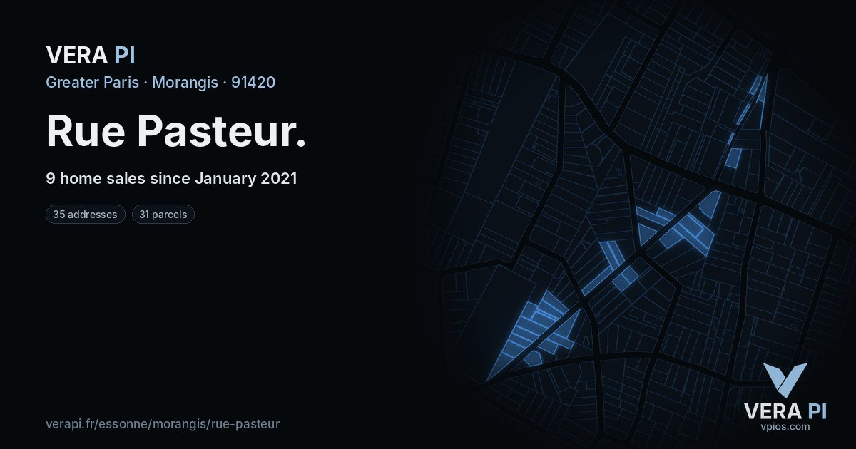 Rue Pasteur, Morangis at night – every parcel coloured by the prices around it, the street's own parcels lit
