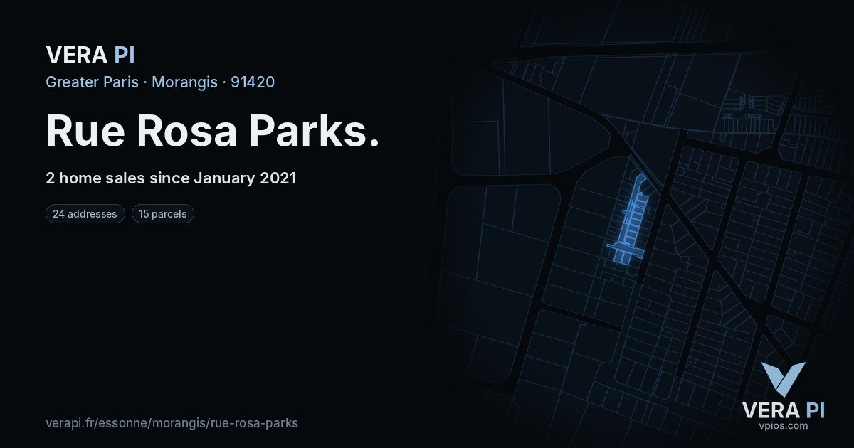 Rue Rosa Parks, Morangis at night – every parcel coloured by the prices around it, the street's own parcels lit