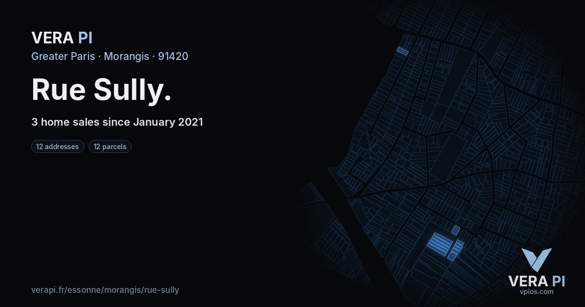 Rue Sully, Morangis at night – every parcel coloured by the prices around it, the street's own parcels lit