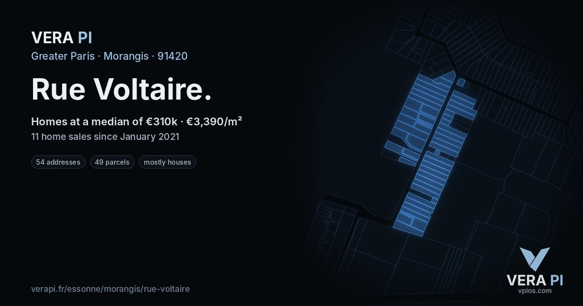 Rue Voltaire, Morangis at night – every parcel coloured by the prices around it, the street's own parcels lit