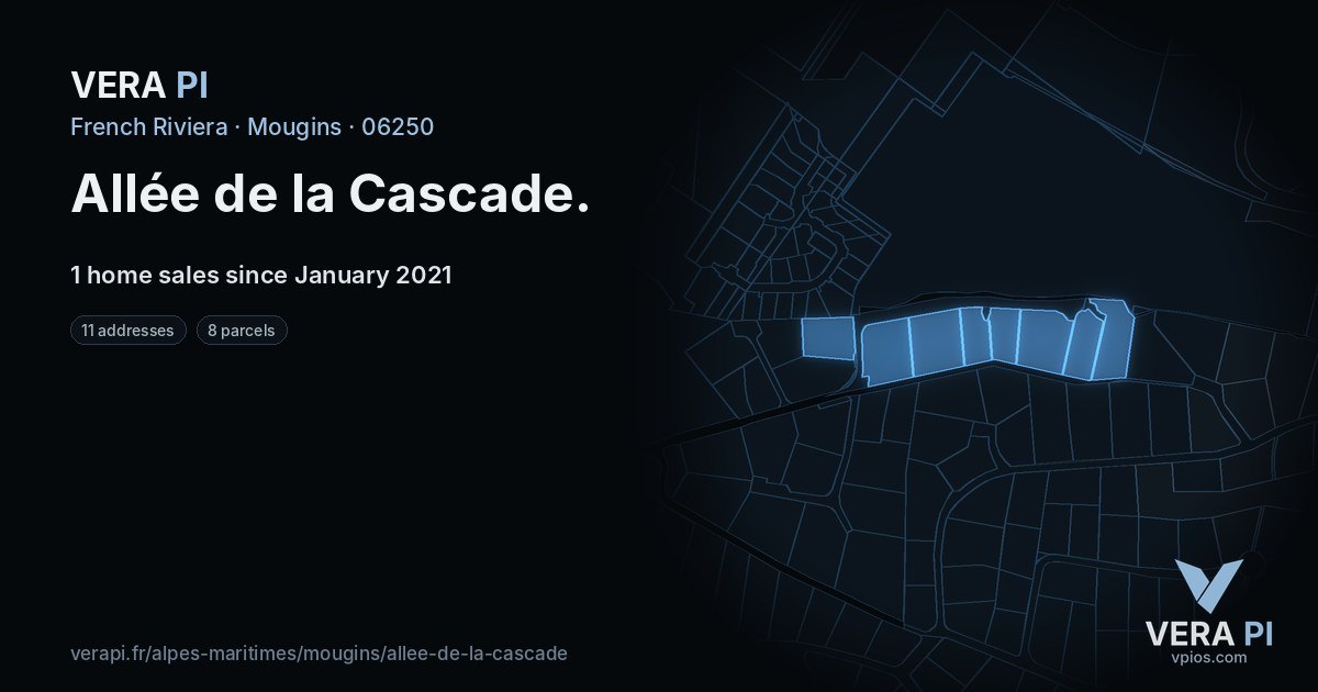 Allée de la Cascade, Mougins at night – every parcel coloured by the prices around it, the street's own parcels lit