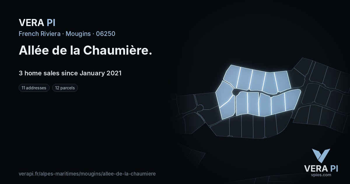 Allée de la Chaumière, Mougins at night – every parcel coloured by the prices around it, the street's own parcels lit