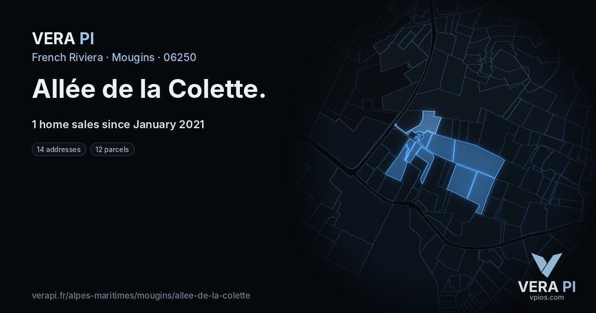 Allée de la Colette, Mougins at night – every parcel coloured by the prices around it, the street's own parcels lit