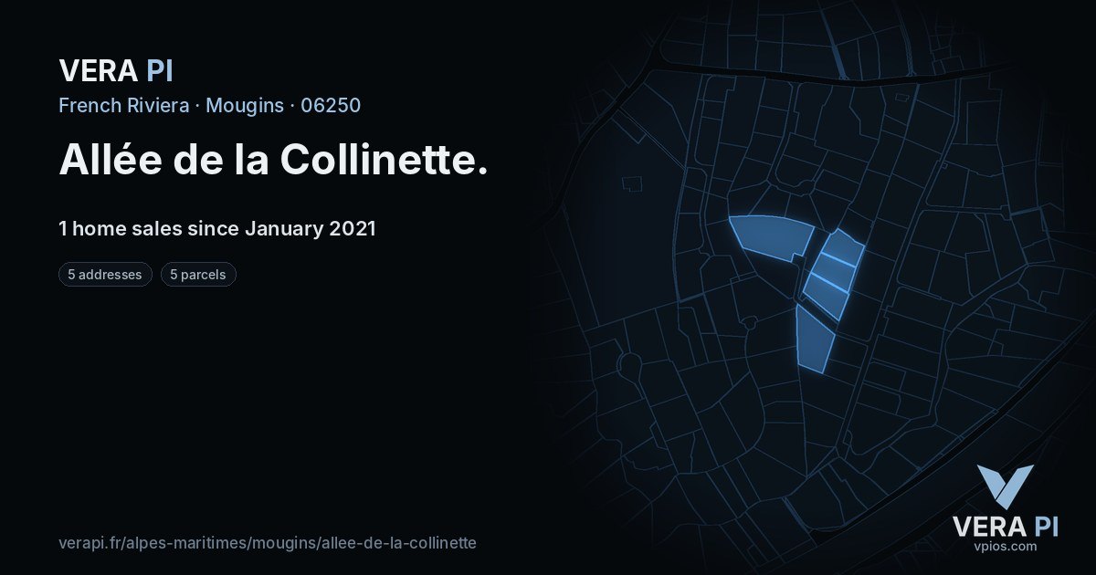 Allée de la Collinette, Mougins at night – every parcel coloured by the prices around it, the street's own parcels lit
