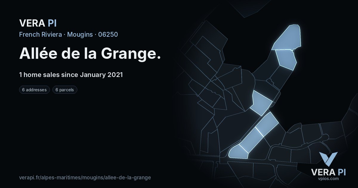 Allée de la Grange, Mougins at night – every parcel coloured by the prices around it, the street's own parcels lit