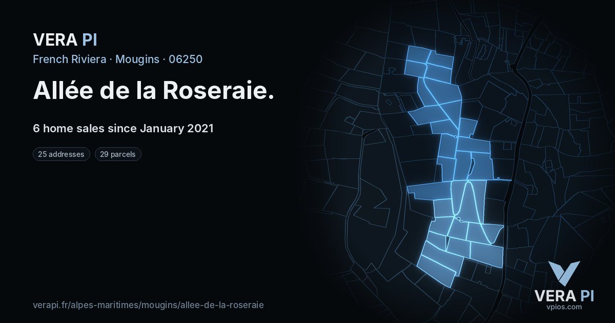 Allée de la Roseraie, Mougins at night – every parcel coloured by the prices around it, the street's own parcels lit