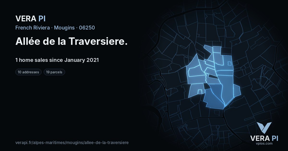 Allée de la Traversiere, Mougins at night – every parcel coloured by the prices around it, the street's own parcels lit
