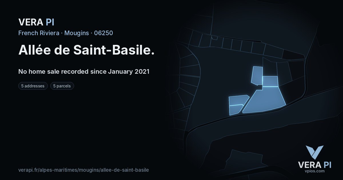 Allée de Saint-Basile, Mougins at night – every parcel coloured by the prices around it, the street's own parcels lit