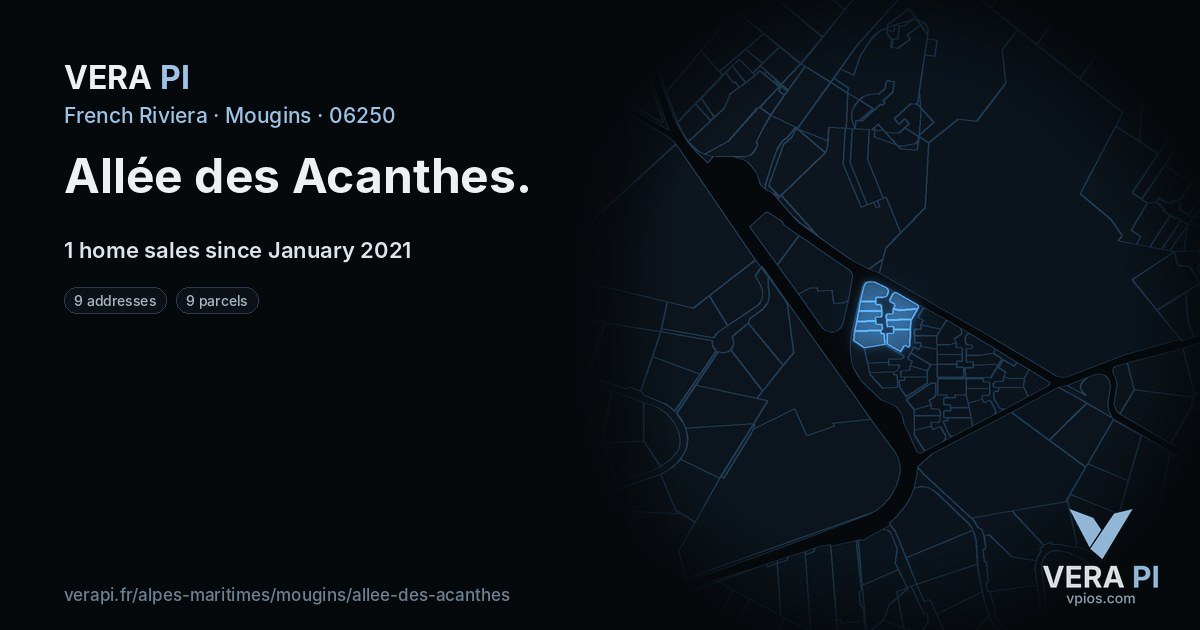 Allée des Acanthes, Mougins at night – every parcel coloured by the prices around it, the street's own parcels lit