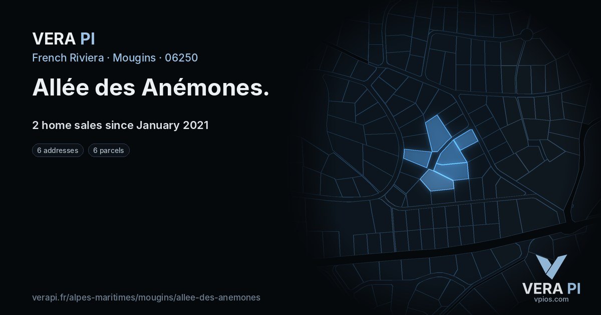 Allée des Anémones, Mougins at night – every parcel coloured by the prices around it, the street's own parcels lit