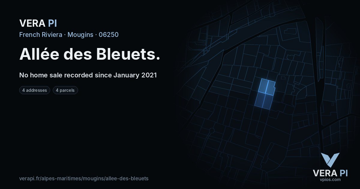 Allée des Bleuets, Mougins at night – every parcel coloured by the prices around it, the street's own parcels lit
